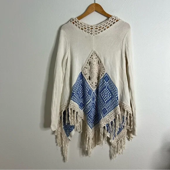 Kaisely Knit Cardigan Fringe Open Front Ivory Blue Pattern Long Sleeve Size S - Picture 3 of 9